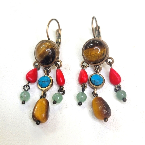 Unique Vintage Jewelry - Precious Gemstones Boho Earrings Turquoise Tiger's eye Red Jasper Jade